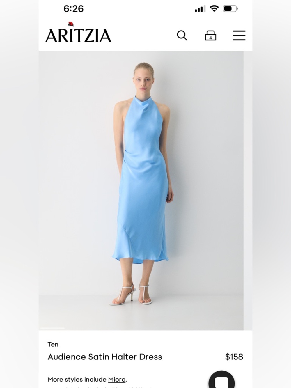 Aritzia Ten Audience Satin Halter Dress in Postcard Blue